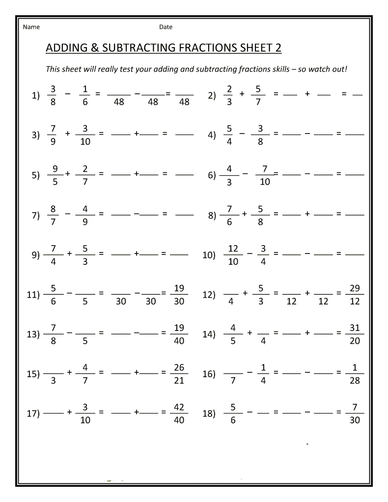 addition and subtraction fractions worksheets worksheet