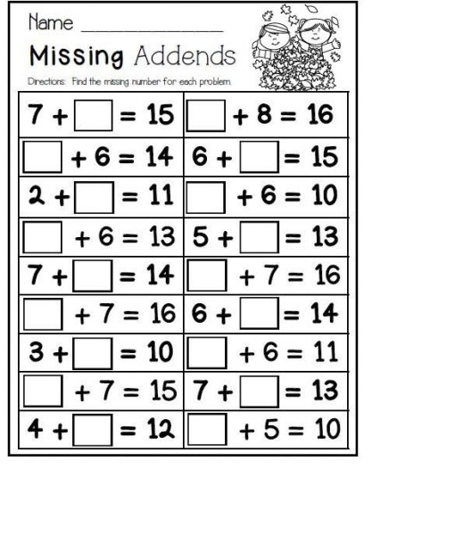 Missing Number Addition Worksheets 1st Grade
