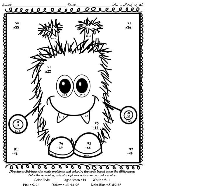 2 digit subtraction without regrouping coloring worksheets